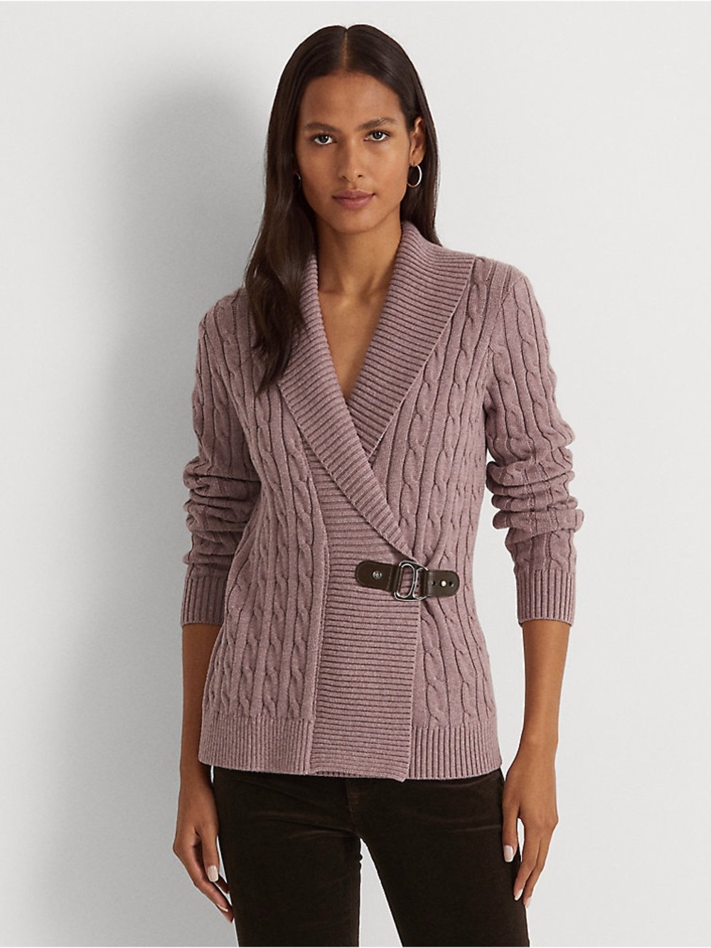 Ralph Lauren Mauve Cable-Knit Shawl Collar Cardigan with Buckle